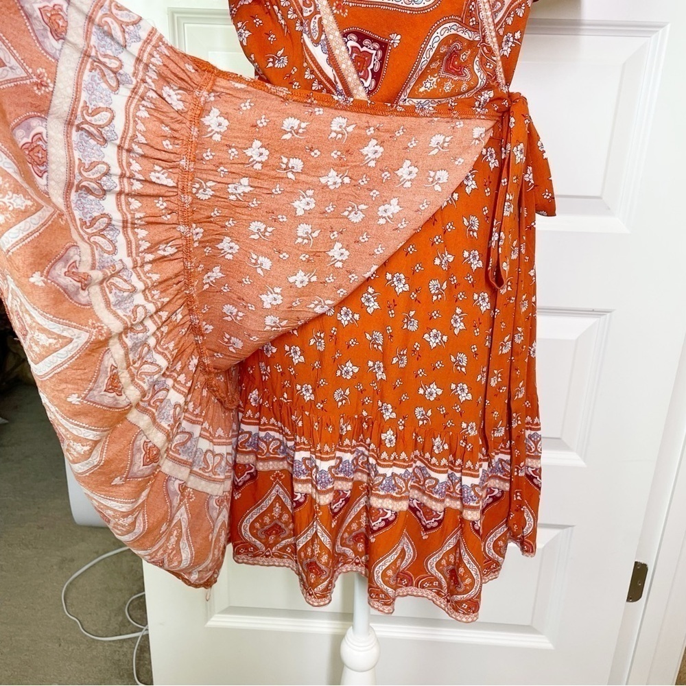 Boutique Summer Wrap V Neck Bohemian Floral Print Ruffle Swing A Line Mini Dress - Picture 6 of 10